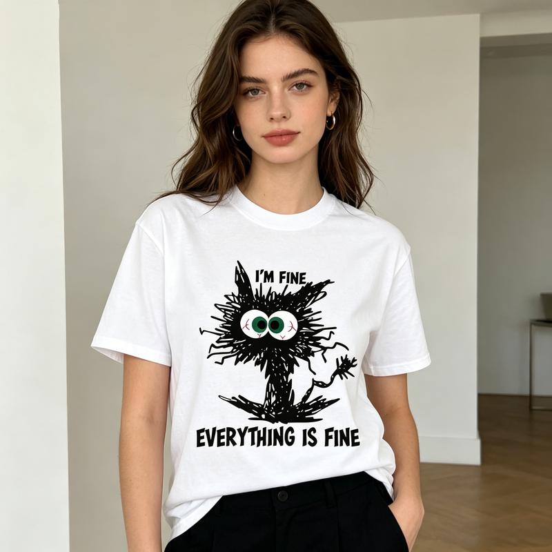 Im Fine Everything Is Fine Graphic T Shirt Funny Cat Print Unisex Soft Cotton Crew Neck Short Sleeve Trendy Casual Tops