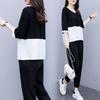 Women's Loose Fit Two-piece Suit Three Quarter Sleeve Color Block Top Elastic Waist Ankle Pants Casual Matching Set