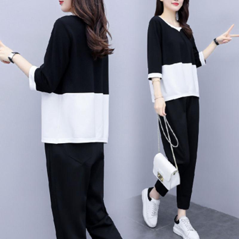 Women's Loose Fit Two-piece Suit Three Quarter Sleeve Color Block Top Elastic Waist Ankle Pants Casual Matching Set