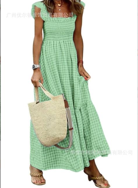 

Summer temperament women s clothing collage plaid suspender elastic pendulum dress 3XL