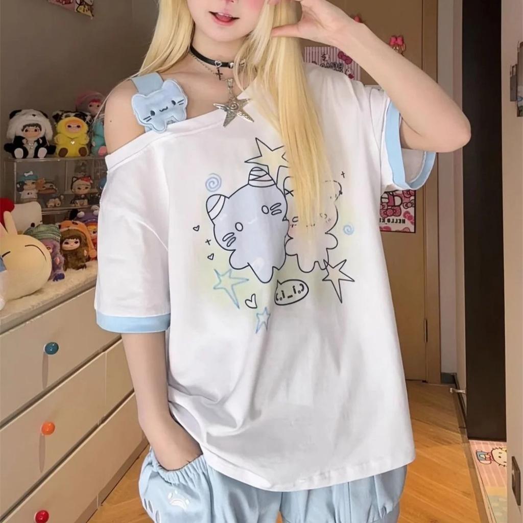 Cartoon Kawaii Niedlich Bedrucktes Damen T-Shirt Sommer Locker Schräger Kragen Grunge T-Shirt Y2k Ästhetik Schräger Kragen Fee T-Shirts