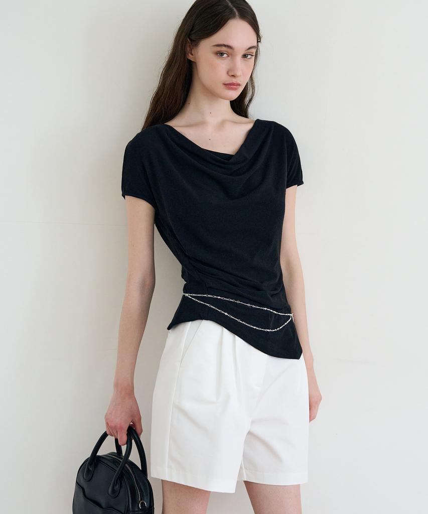 Deuloupisumeon Asymmetrical Tuck Draped T-Shirt [White]
