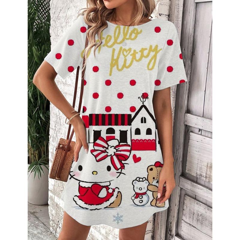 Robe d'été élégante et belle pour femme Nouvelle collection Hello Kitty Jupe courte sexy Robe mini à col rond pour femme