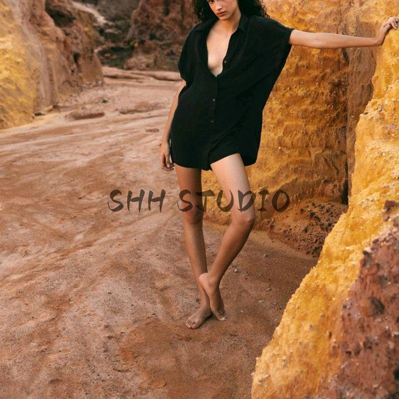 Summer New Product Women's Clothes French Style Design Flap Neckline Pocket Decoration Short Sleeve Drape Jumpsuit 6929284