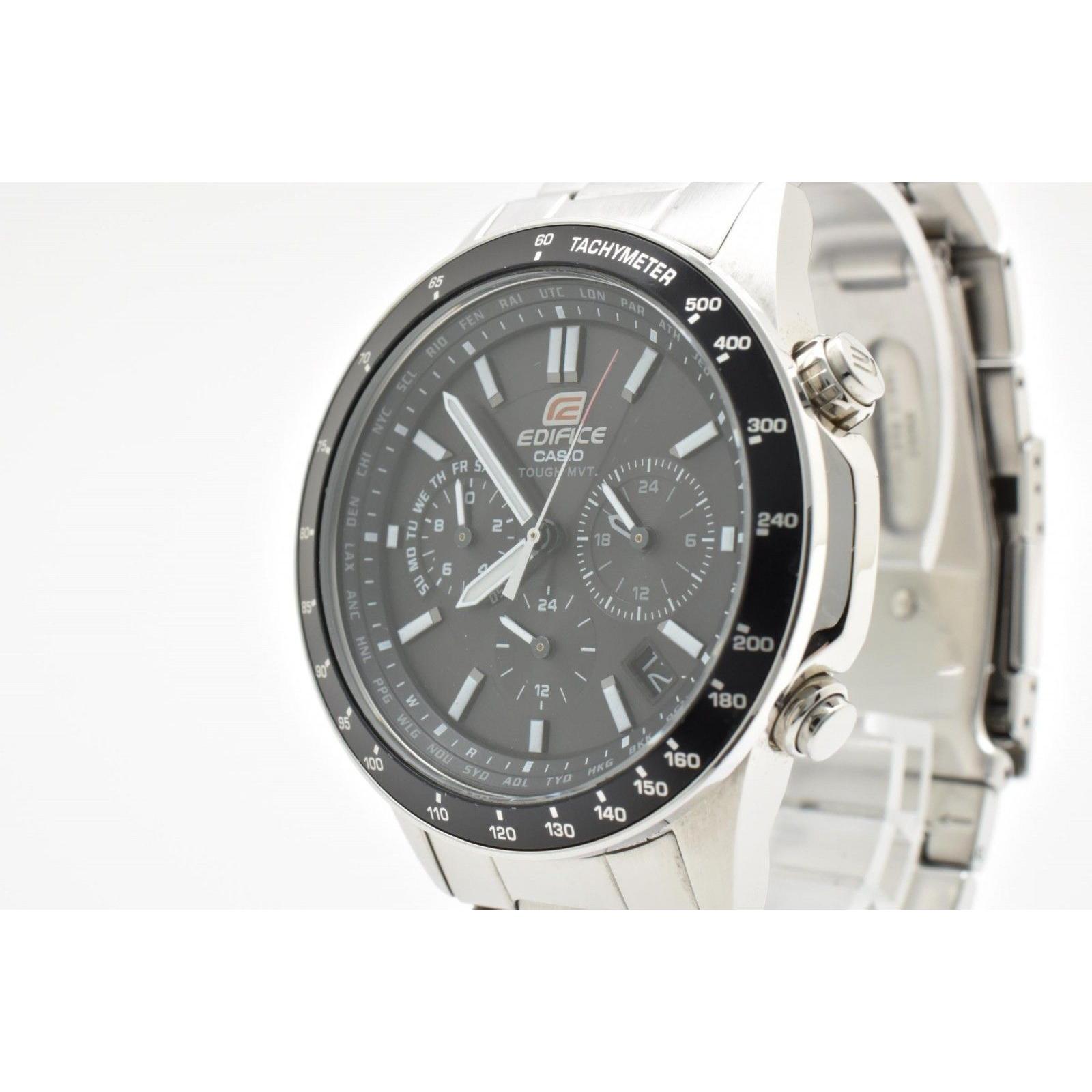 Used CASIO EDIFICE EQW-55D Radio Solar Chronograph Men s Watch Black Dial Stainless Steel Box with Extra Frames