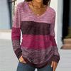 Women's Color Blocked Casual Fashion Long Sleeved V-neck T-shirt Top