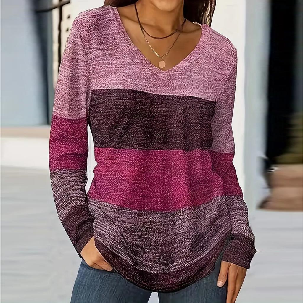 Women's Color Blocked Casual Fashion Long Sleeved V-neck T-shirt Top