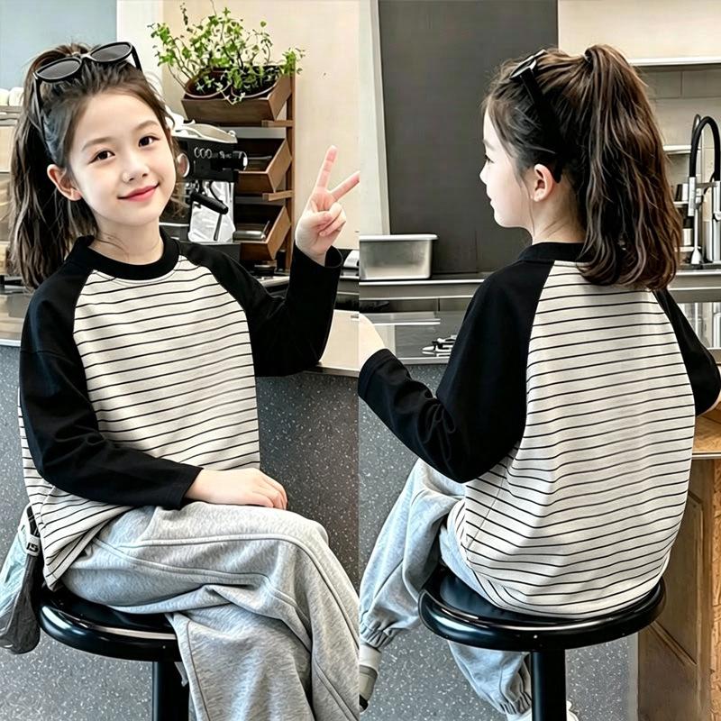 Korean Girls' Striped Cotton Long-Sleeve T-Shirt for Spring/Autumn - Medium & Large Children