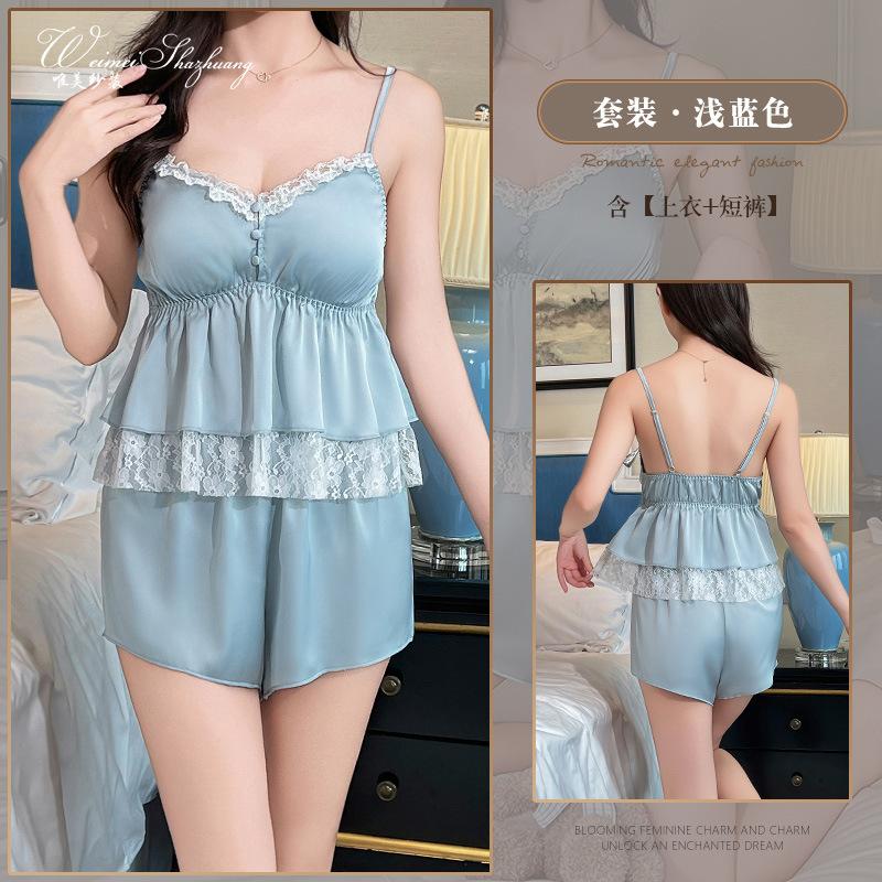 

Beautiful yarn Pure desire Wind Ice Ribbon Chest Pad Suspender Home Suspender Shorts Set Two-piece Set Women M светло-синий