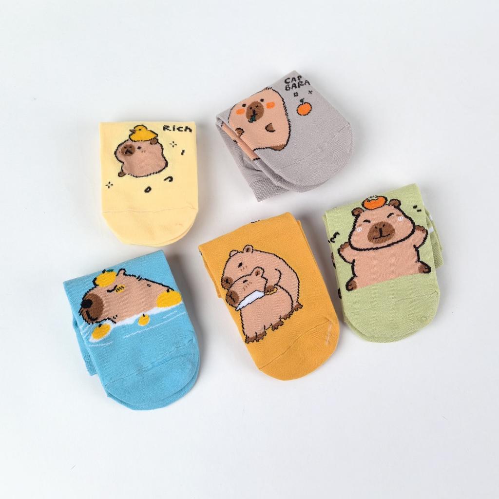 5 Pairs Cartoon Cute Water Dolphin Pattern Capybara Comfortable And Versatile Women's Short Socks