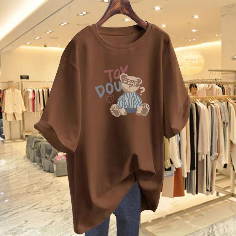 

Bear print apricot short-sleeved t-shirt women s summer 2025 new pure cotton loose foreign style t-shirt top tide XXXL