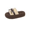 Roll thick-soled fluffy slippers outer wear 2025 autumn and winter new belt buckle bow home plush cotton slippers