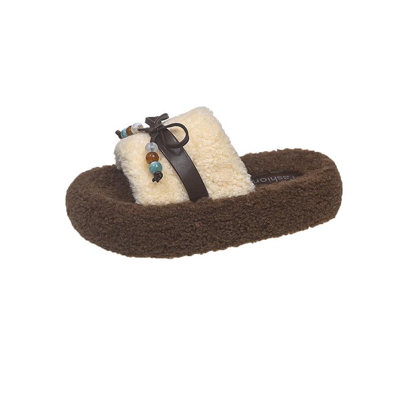 Roll thick-soled fluffy slippers outer wear 2025 autumn and winter new belt buckle bow home plush cotton slippers