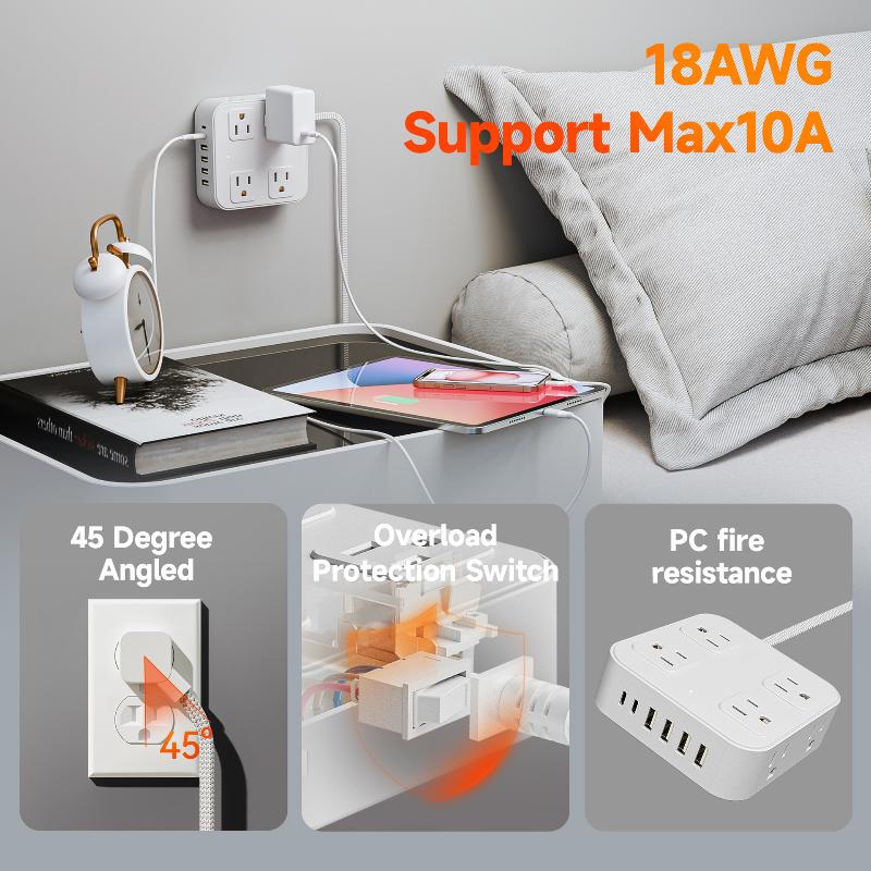8Ac+4Usb Extension Cord Power Strip With Usb (Type C), Ultra-Thin Flat Plug For Travel/Home/Office