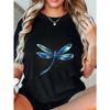 Black Oversized T Shirt With Blue Dragonfly Print For Casual Wear
