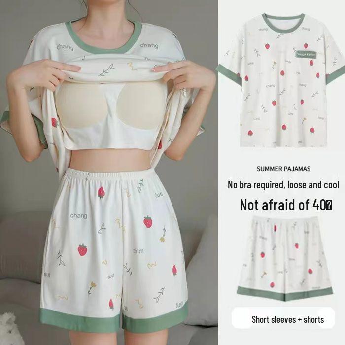 Women's Plus Size Imitation Cotton Summer Pajama Set with Built-in Bra, Casual & Sweet Design for Indoor/Outdoor Wear.