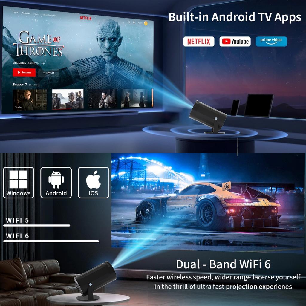 S200 4K Supported Mini Projector, Portable Wireless Screen Mirroring Projector, Compact Size for Home Theater