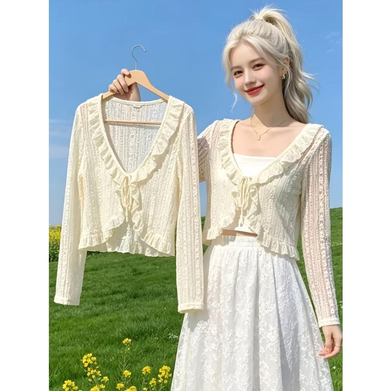 Women's Cardigan Jacket, Summer Lightweight Breathable Lace Tie Shawl, Fashionable Versatile Short Cardigan Jacket, Outerwear for Slip Dresses