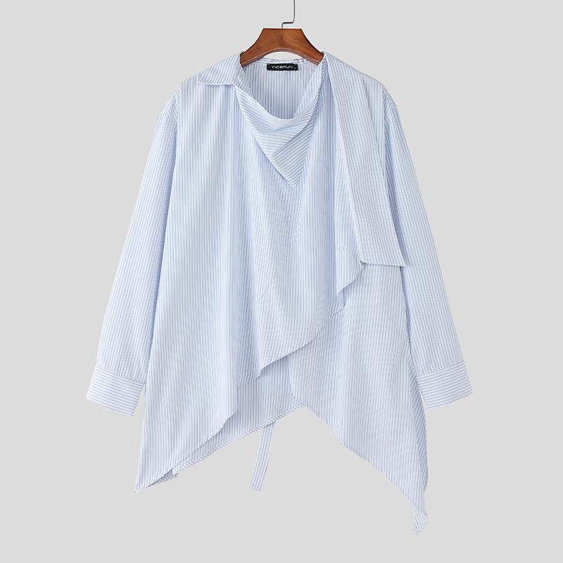 

INCERUN Мужские рубашки с отложным воротником, длинным рукавом, полосатым перекрестом спереди, нерегулярные, повседневные, свободного кроя M синий