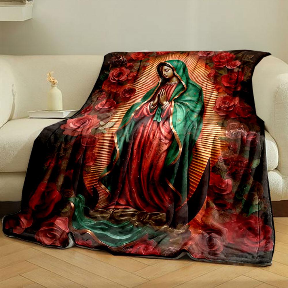 A religious figure with a radiant backdrop, surrounded by red roses. for all seasons blanket lunch break throw gift