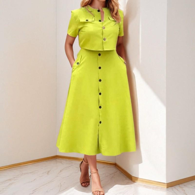 2026 Womens Elegant Solid Color Blouse Midi Skirt Set Casual Office Wear Three-Quarter Sleeve Lightweight Outfit