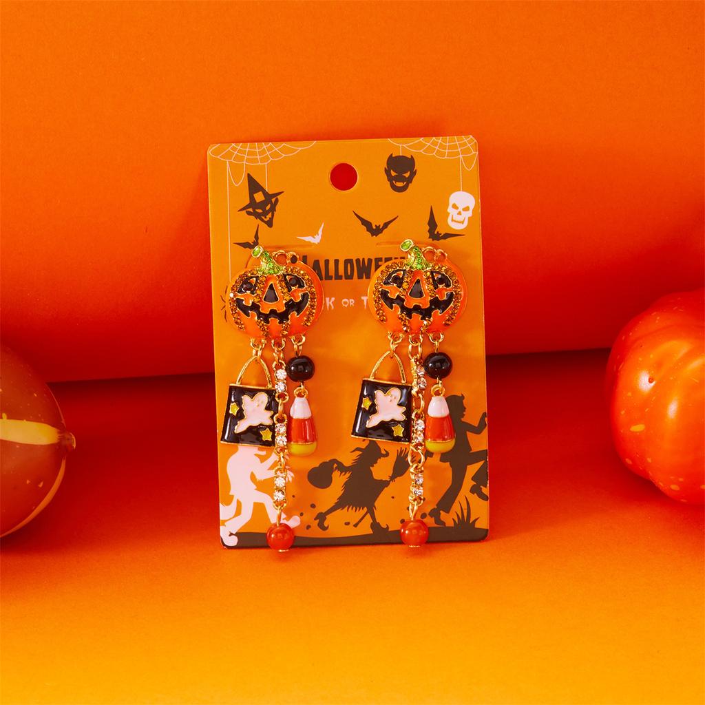 Halloween Pumpkin Earrings for Women Long Tassels Smiling Face Pumpkin Inlaid rhinestones Drop Earrings Halloween Jewelry