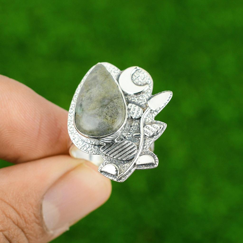 Variscite Gemstone Sterling Silver Promise Cescent Moon Wedding Unique Wife Ring