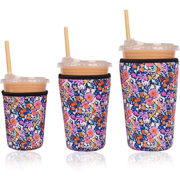 Reble Ulated Neoprene Iced Coffee Cup Sleeve, Durable Drink Sleeve for Cold Beverages, Beverage Holder for Iced Coffee, Floral Checkers