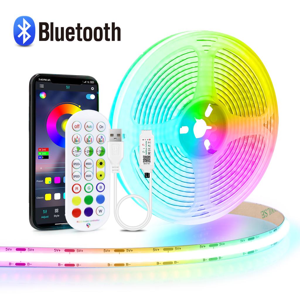 Bandă de lumină LED Bluetooth RGB COB USB 5V Control muzică 576 leduri/m LED-uri Iluminare liniară Bandă flexibilă Televizor de acasă Decor Lumină neagră 1M 2M 3M 5M