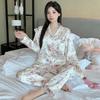 Women's Silky Purple Ice Silk Pajamas Set - Long-Sleeved Cardigan and Pants