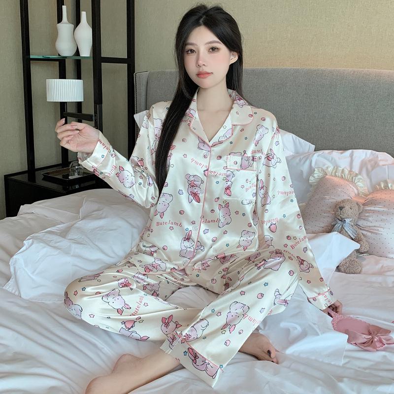 Women's Silky Purple Ice Silk Pajamas Set - Long-Sleeved Cardigan and Pants