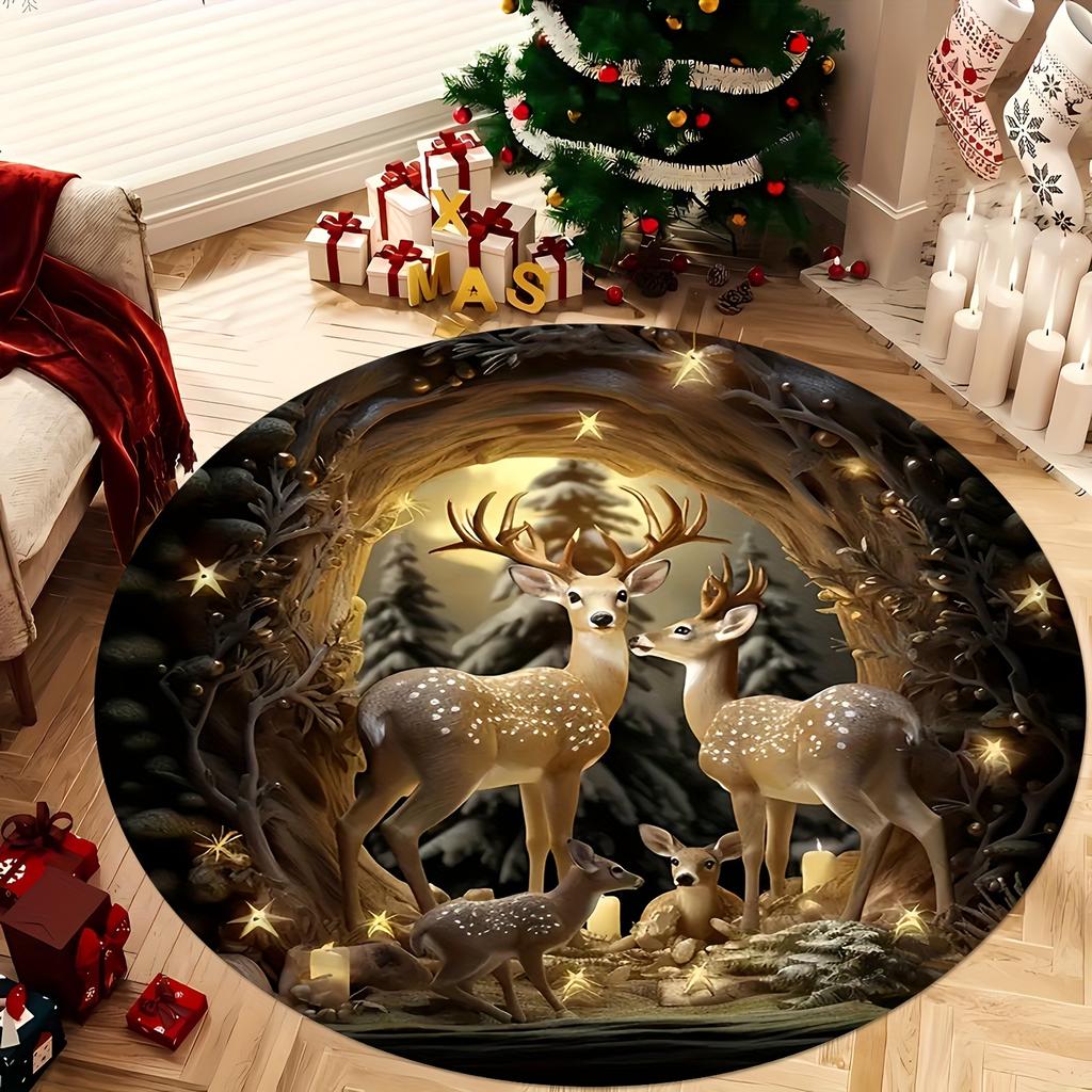 Christmas Reindeer Round Rug, Washable Premium Flannel Doormat for Entrance, Living Room, Bedroom, Patio, Festive Home Decor