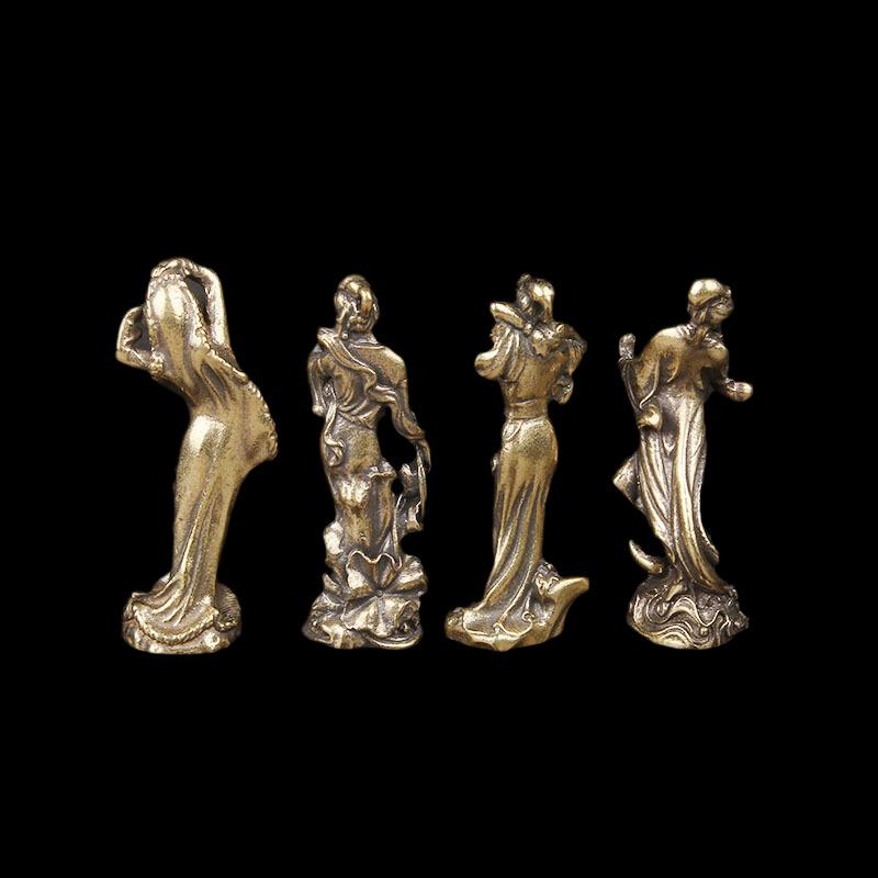 1/4 szt. Vintage Klasyczne Figurki Ręcznie Robione Lite Mosiądz Cztery Starożytne Chińskie Piękności Statua Dekoracja Biurka Kolekcja Prezent