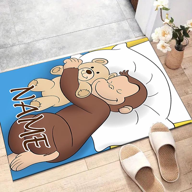 Custom Curious George Mat Personalized Name, Polyester Washable Indoor Entryway Rug, Gift for Christmas, Easter, Thanksgiving Day