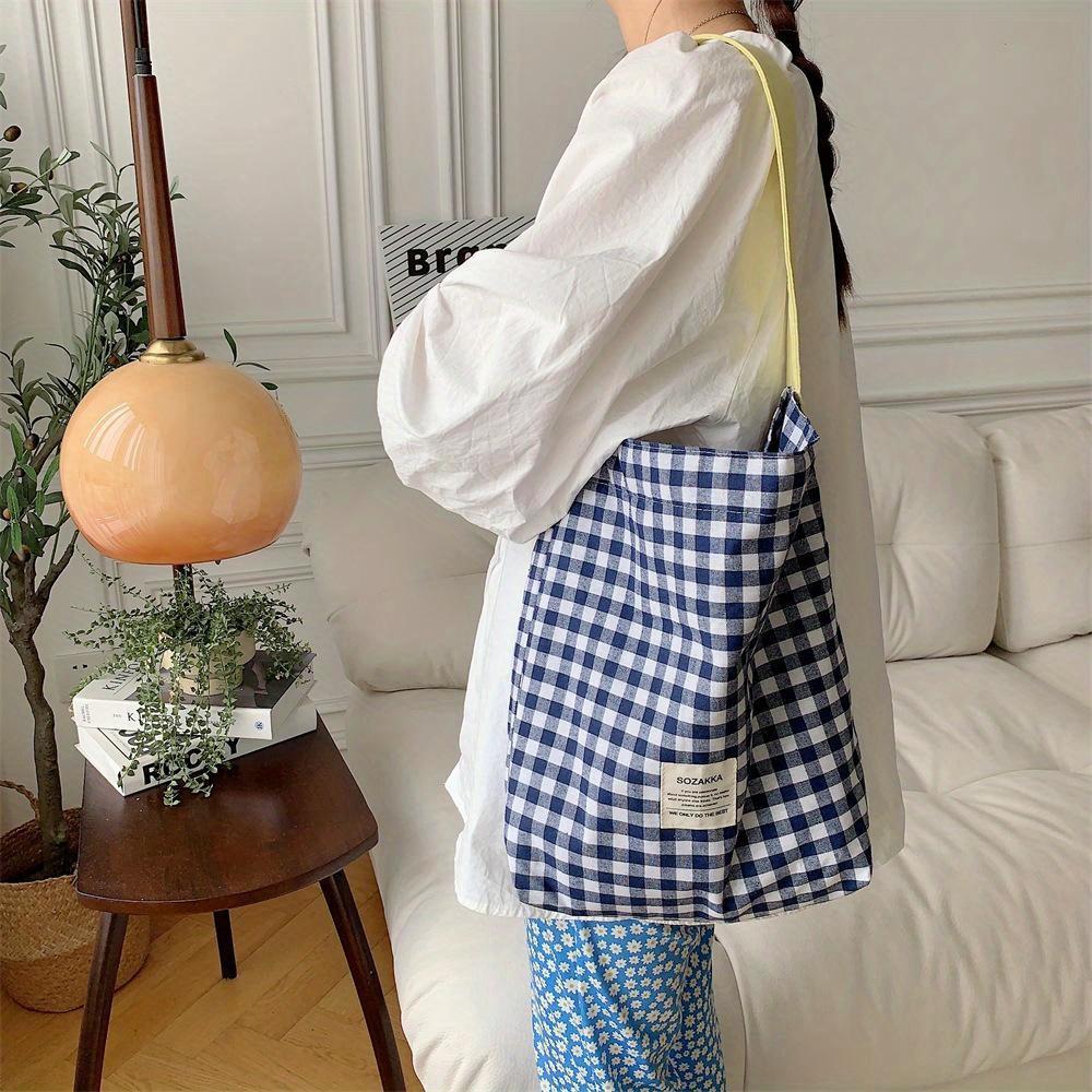 Fashion Cotton Fabric Shoulder Bag for Women Simple Plaid Pattern Large Casual Capacity Shopper Tote Bags