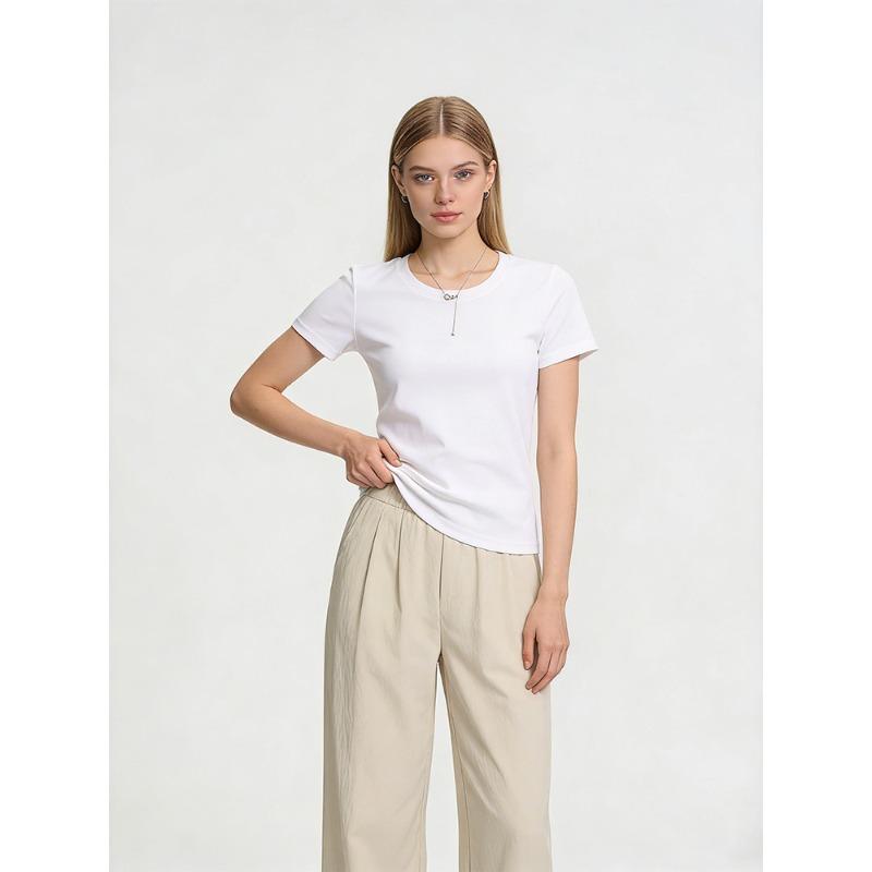 Summer New Shoulder Slim and Thin Collar Short-sleeved Shirt Women's Casual Versatile White Round Neck American Top Clothing