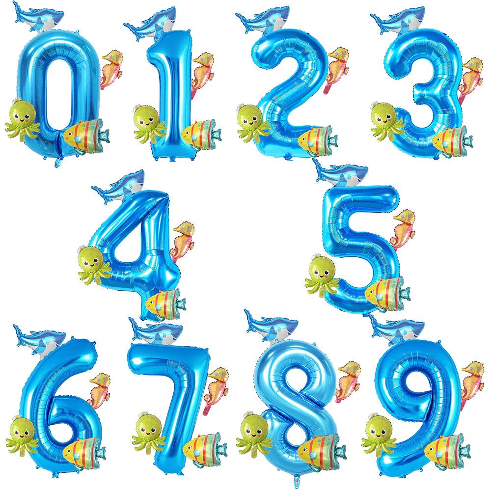 5pcs Mini Sea Animals Balloons Set 40inch Blue Number 0-9 Balloon Octopus Seahorse Fish Foil Balloons Birthday Party Decoration
