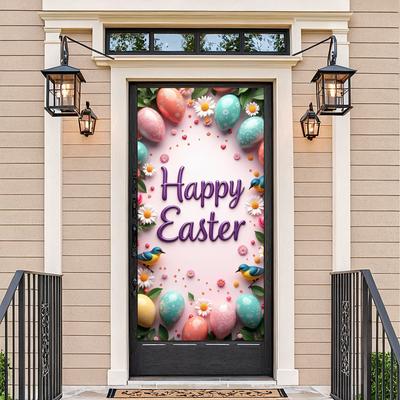 Happy Easter Door Backdrop Garden Porch Spring Colorful Eggs Rabbit Flower Decors Banner Outdoor Party Photography Background