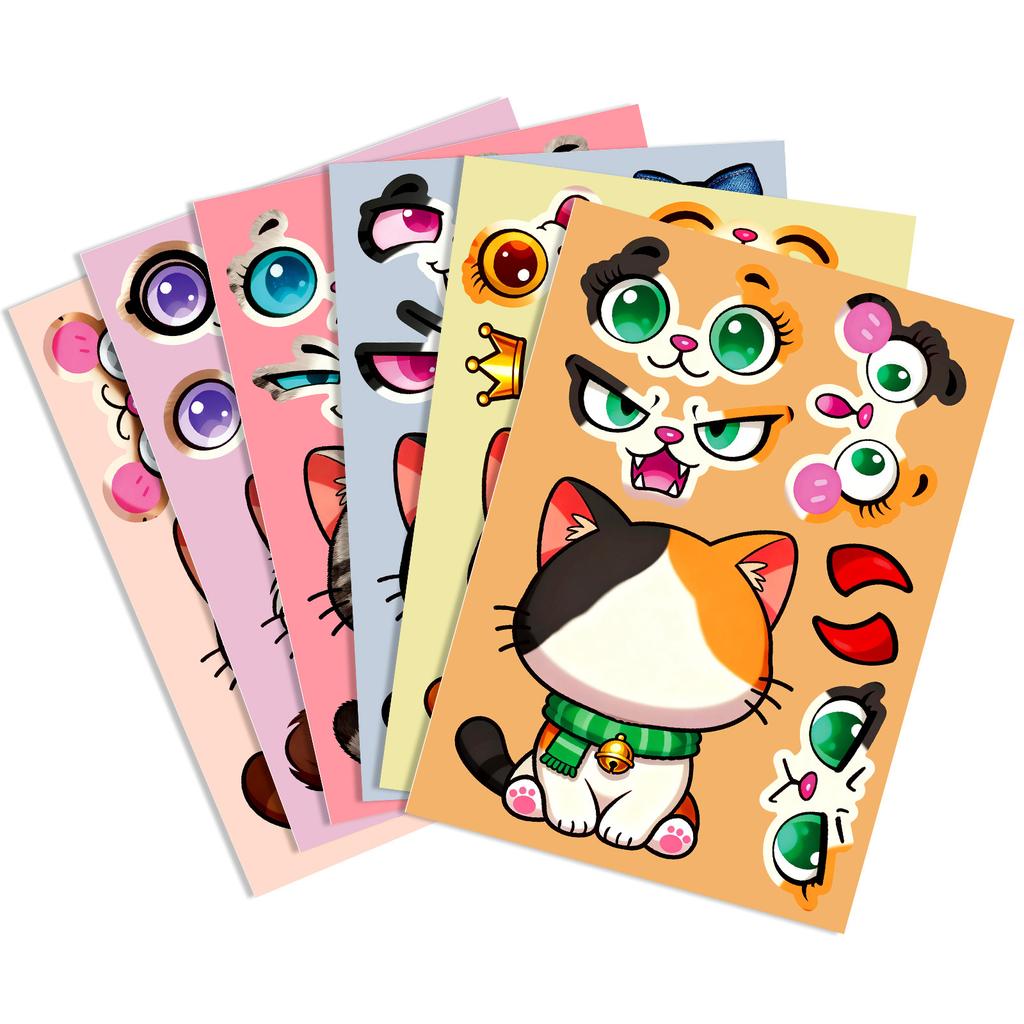 6/12 Pcs Large Cartoon Cat Full Body Make A Face Puzzle Stickers DIY Brain Game for Fridge Stationery Box Notebook Guitar Desk