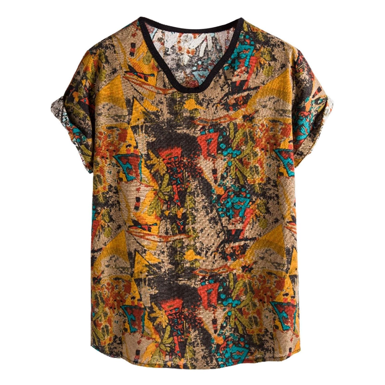 

Мужская летняя льняная футболка с v-образным вырезом и коротким рукавом с этническим принтом