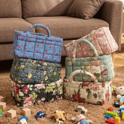 Floral Pattern Bento Handbags Patchwork Design Foldable Shopper Bag Portable Cotton Material Cosmetic Bag Home Textile Storage
