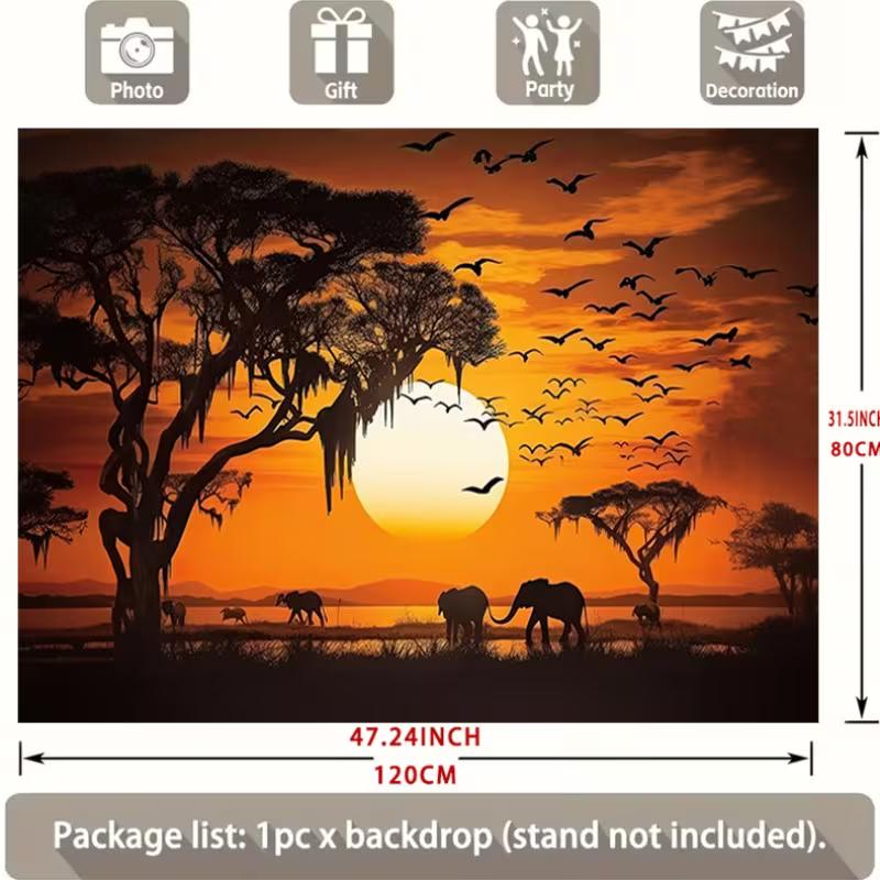 Retro African Safari Tapestry, Warm Sunset with Elephants and Water Landscape Wall Art for Party Backdrop