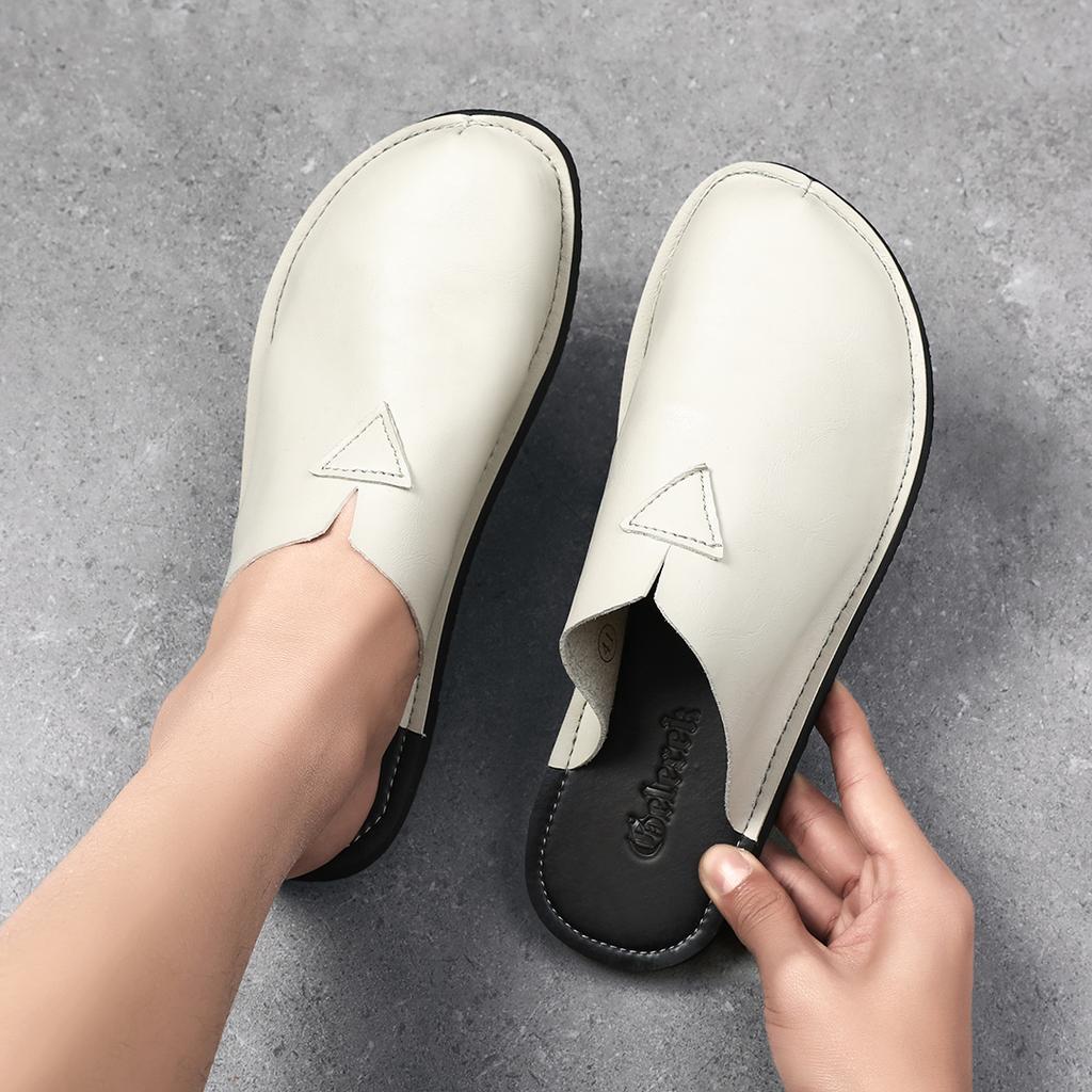 Fashion Fashion Men‘s PU Leather Slippers All-match Summer Half Drag Leisure Walk Male Slides Otdoor Beach Sandals Handmade Lazy Shoes