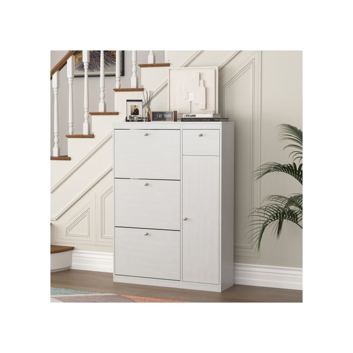 Meuble À Chaussures, Étagère À Chaussures Indépendante Avec Fonction Rabattable Et Trois Tiroirs Pliables.