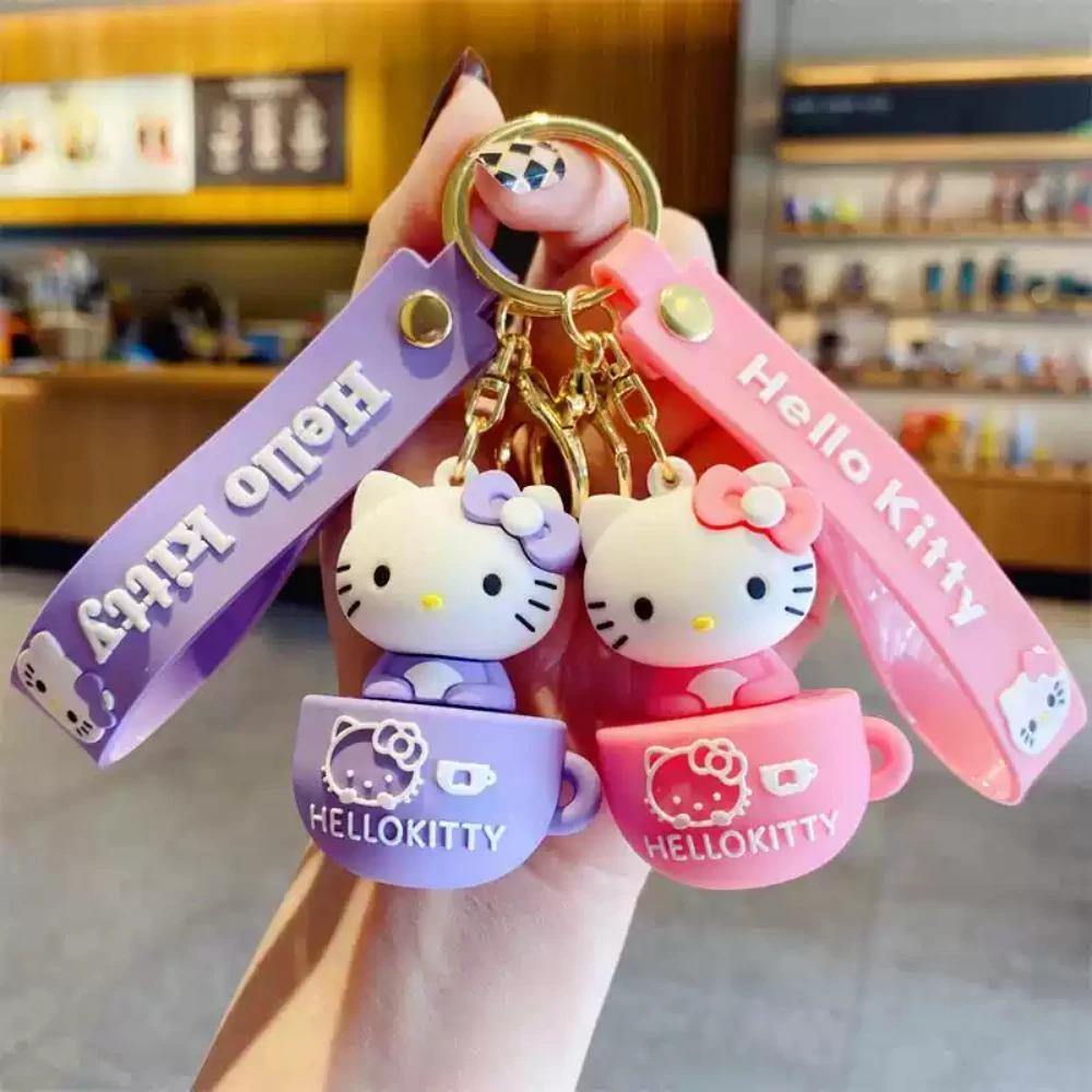 Cute Cartoon Hello Kitty Keychain Teacup Key Chain Women Girl Schoolbag Shoulder Bag Car Keyring Kid Kawaii Gift Festival gifts