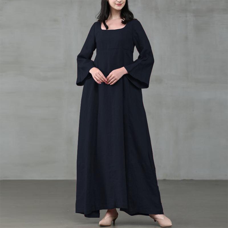 Women Autumn Retro Square Neck Maxi Dress, Long Flare Sleeve Loose Fit National Style Big Swing Hem Casual Long Dress