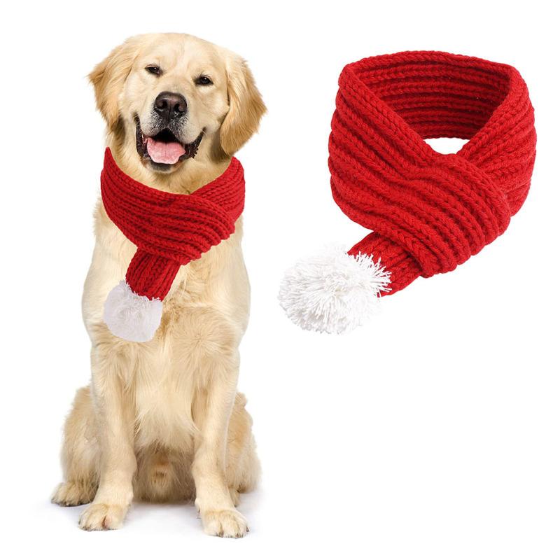 Vánoční pletený šátek pro mazlíčky s huňatým bambulkou Zimní teplý šátek Nákrčník Bandana pro kočky psy