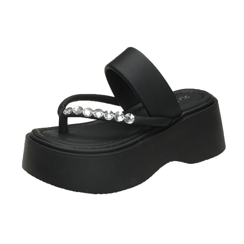 Small muffin thick-soled flip-flops, wearing rhinestones, new summer cool slippers