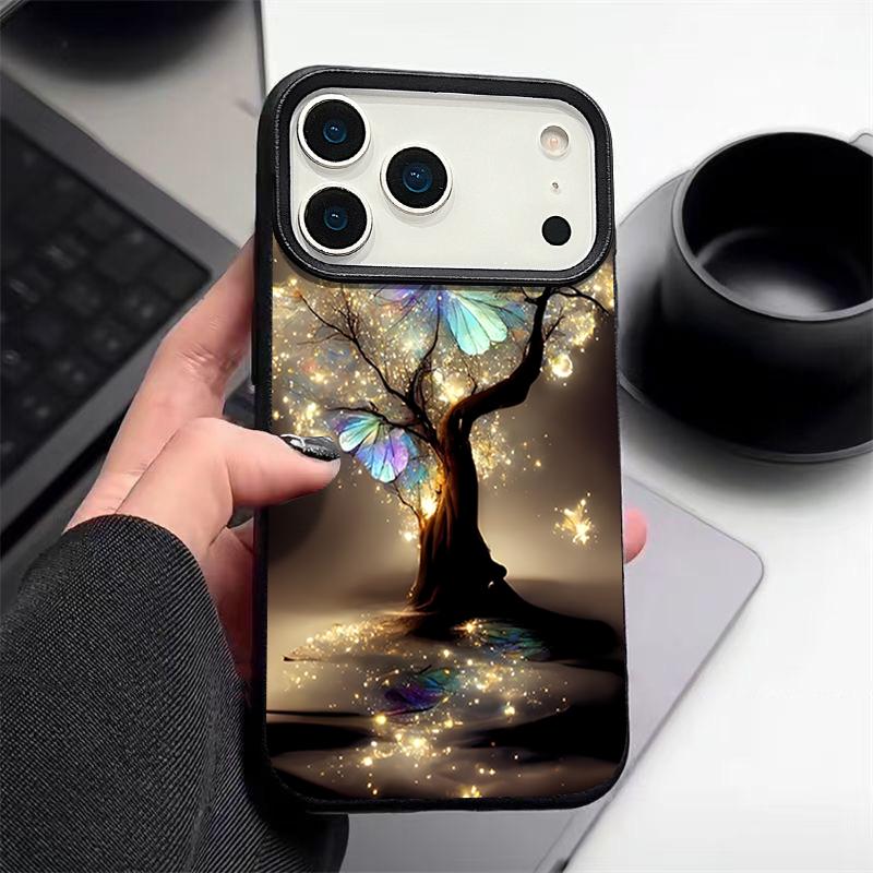

Сияющий Фантастический Дерево Бабочка Узор Чехол Для iPhone 17 Pro Max iPhone 16 Pro Max 15 14 13 12 11 16E Air Роскошная Кожаная Текстура Силиконовая Крышка iPhone 14 чёрный