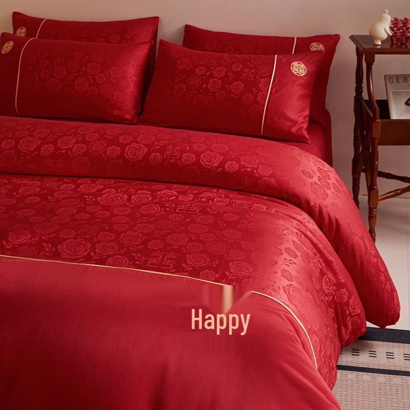 Rotes chinesisches Hochzeitsbettwäsche-Set: Braut-Bettbezug, Spannbettlaken und Happy Quilt für die Aussteuer
